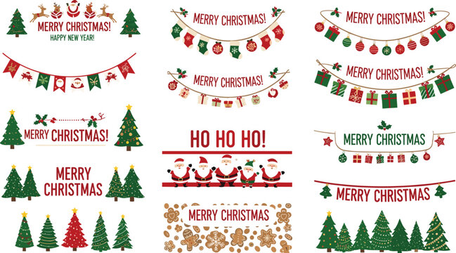 Collection of festive Christmas vector banners and borders featuring pine trees, bunting flags, gingerbread cookies, Santa Claus characters, and holiday greetings for seasonal web design projects.