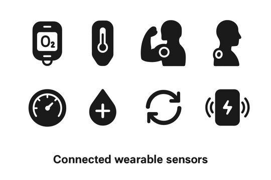 Wearable Sensor Icons. Connected wearable sensors. Filled icon set of connected wearable sensors: oxygen