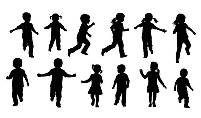 Obraz premium Active child silhouettes vector collection with kids running jumping and playing isolated on white background