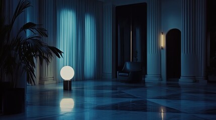 Naklejka premium Modern and elegant interior featuring tall architectural columns, a reflective marble floor, and a warm glowing orb lamp creating a sophisticated and atmospheric ambiance