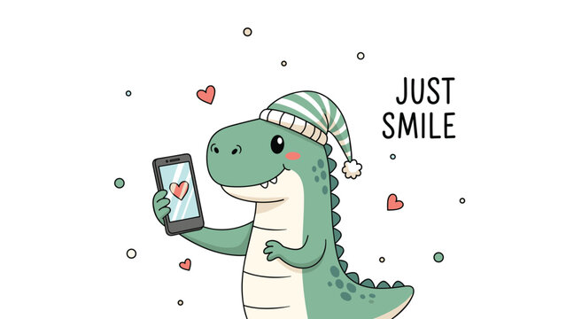 Cute green dinosaur character wearing a striped nightcap and holding a smartphone with a heart icon and the text just smile.