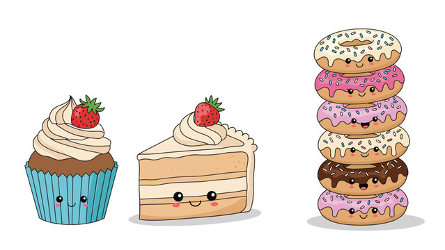 Selection of cute bakery items including a chocolate cupcake cake slice and a tall stack of colorful donuts with smiling faces.