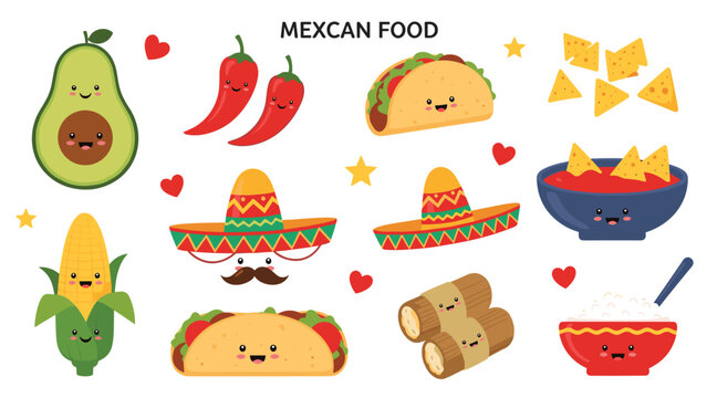 Large collection of adorable Mexican food characters with happy faces featuring tacos, avocado, chili peppers, corn, and sombreros.