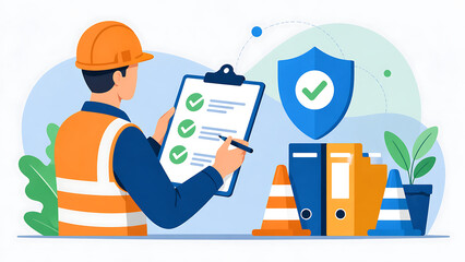 Vector illustration of construction worker checking compliance checklist on clipboard presenting industrial protection for the world day for safety and health at work global initiative