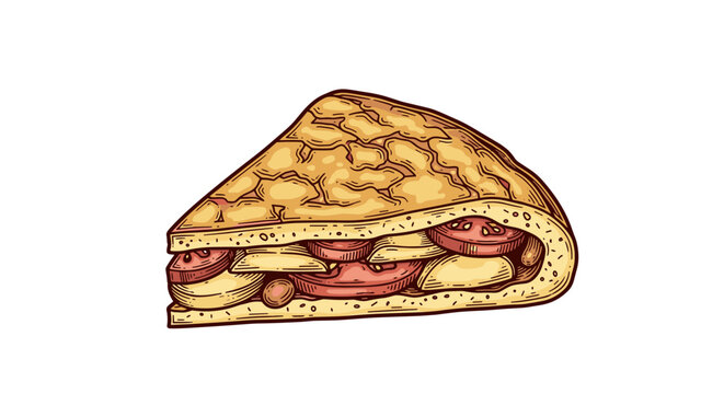A delicious calzone filled with ham and cheese on a white background