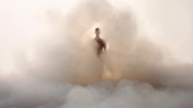Tracking shot of silhouette emerging through dense smoke and fog while walking on studio stage with backlit soft warm light