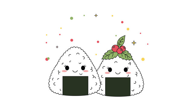 Two adorable onigiri rice ball characters with cute faces and blushing cheeks decorated with green leaves and red berries on top.