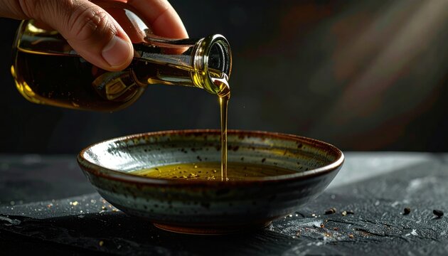 Golden olive oil being poured from a glass bottle into a rustic ceramic bowl, showcasing culinary preparation and healthy ingredients