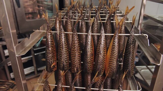 Fresh smoked fish on metal rack in factory