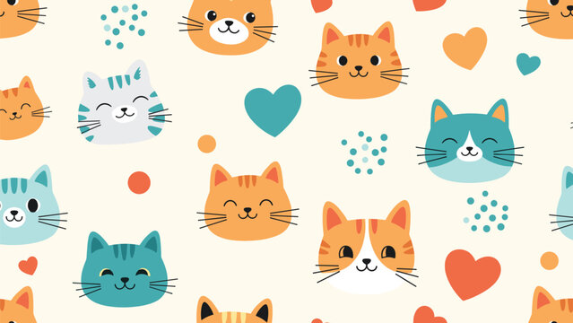 Vibrant seamless pattern featuring various cute orange and blue cartoon cat heads with colorful hearts and dots.