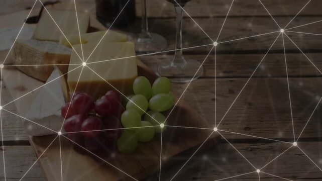 Charcuterie staying on plank, camera shift with mesh nodes shifting over cheese grapes for food ads