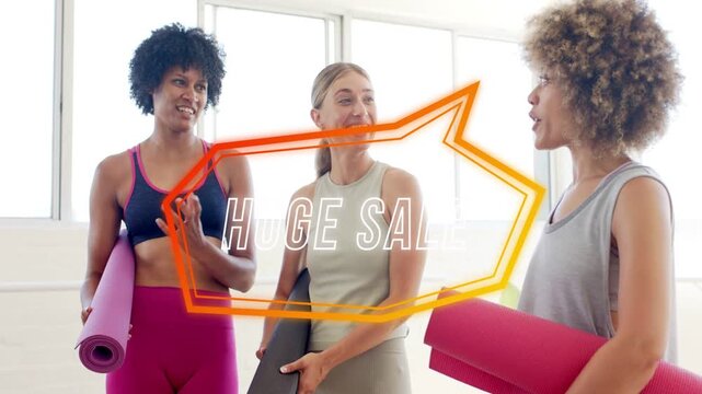 Three women doing reformer rows in studio while HUGE SALE graphic overlaying promoting Pilates sale