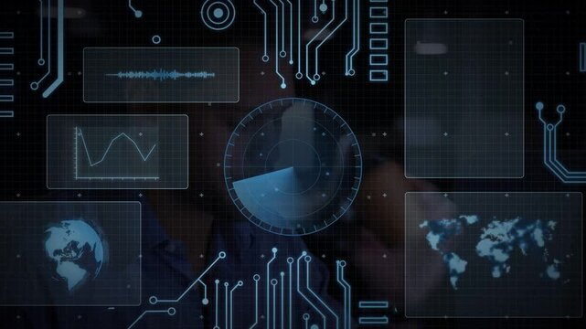 Data analyst tapping glass, gesturing holo HUD, updating radar, graphs, code for live monitoring