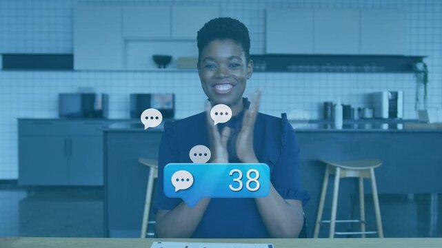 Host in kitchen raising hands, starting chat bubbles around and counter rising for marketing