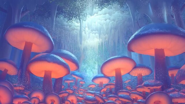 Tracking slow dolly pan of glowing bioluminescent mushrooms revealing clustered caps and stems on forest cave floor with overhead light shaft
