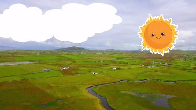 Vertical video: Aerial fields seen above, cloud appearing, drifting, sun peeking for farming