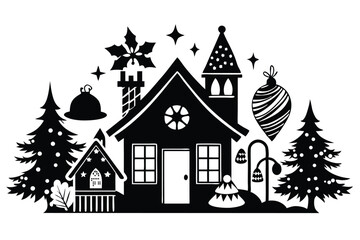 Fototapeta premium christmas winter and house silhouette line art vector illustration with a white background