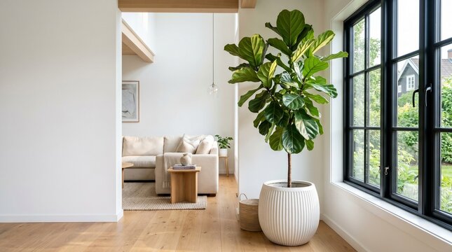 Tall Fiddle Leaf Fig Tree in White Ribbed Pot in Bright Scandinavian Living Room by Black Frame Window