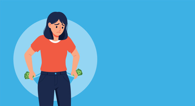 Sad woman in an orange shirt showing empty pockets with very little money representing financial crisis and poverty issues.