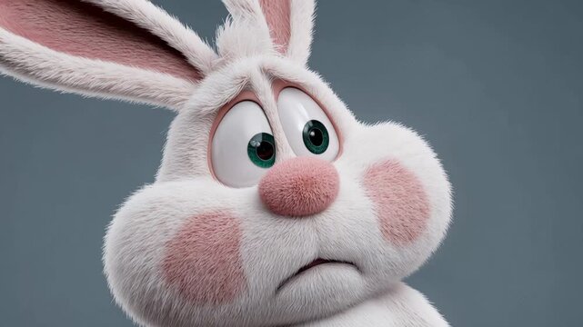 White rabbit cartoon character with rosy cheeks, A cartoon rabbit with a downcast expression