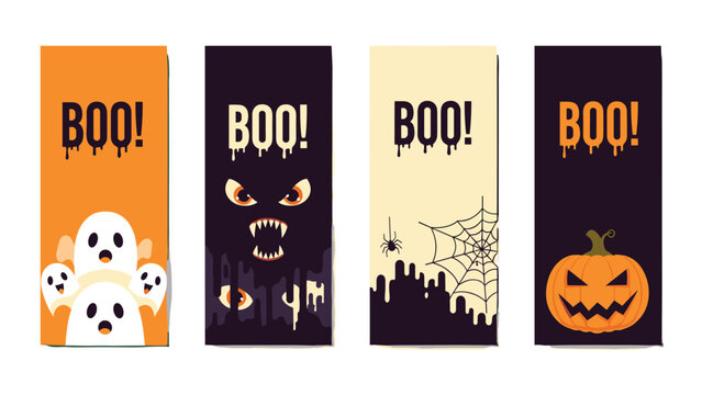 Set of vertical Halloween banners features spooky elements like ghosts monsters spider webs and pumpkins with boo text.