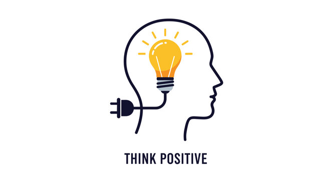 Side profile of a human head with a glowing lightbulb and power plug inside representing creative ideas and positive thinking.