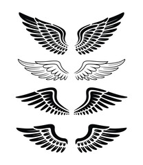 Obraz premium Set of four different stylized bird wing silhouettes isolated on transparent background tribal tattoo design angelic ink art.