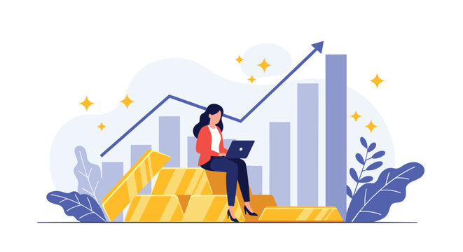 Successful businesswoman sitting on a pile of gold bars and working on her laptop with a rising growth chart in the background.
