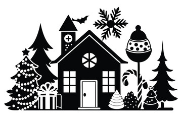 Fototapeta premium christmas winter and house silhouette line art vector illustration with a white background