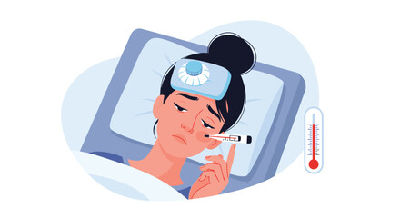 Obraz premium Sick young woman lying in bed with an ice pack on her forehead and a thermometer indicating high fever during an illness.