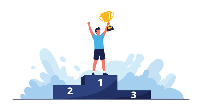 Proud male athlete holding a gold trophy cup while standing triumphantly on the first place position of a winners podium.