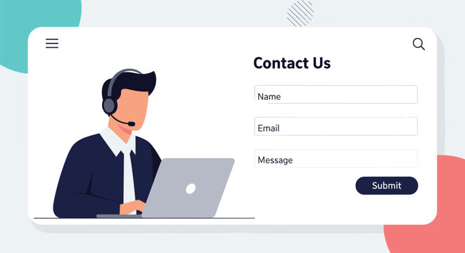 Professional male customer service representative wearing a headset and working on a laptop with a contact us message form.