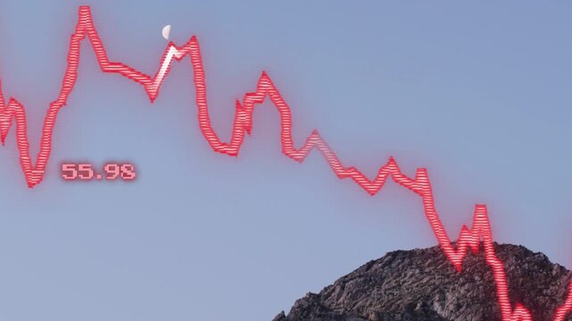 Glowing red trace moving across pale sky, finance feed driving numeric labels white marker tracking