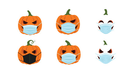 Fototapeta premium Set of diverse Halloween pumpkins and pumpkin faces wearing surgical face masks for safety during the global pandemic.