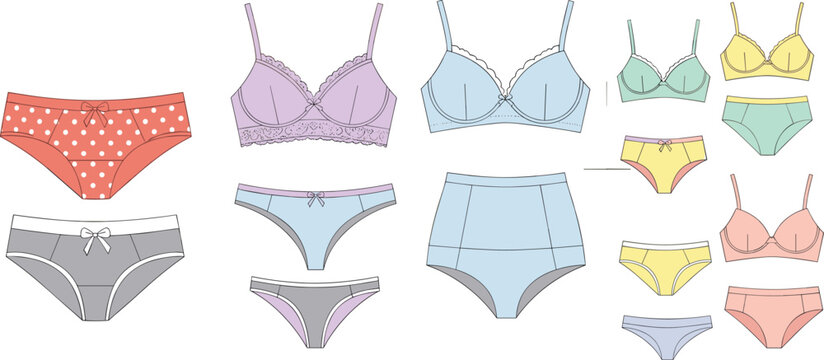 Collection of women's lingerie vector technical sketches including various bra styles, panties, briefs, and thongs in multiple colors for fashion 