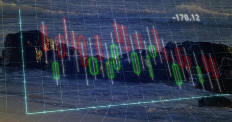 Fototapeta premium Displaying candlestick chart over jagged coastal rocks at dusk, light-blue trend line reflecting