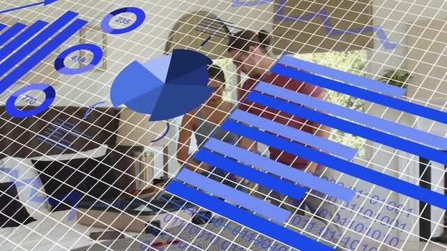 Woman kneeling sorting papers, man leaning in with data pie chart and bars appearing and obscuring