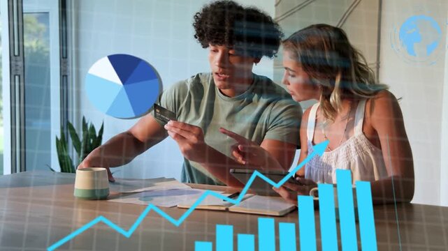 Man reaching for card while woman holding tablet, moving bar line charts collecting finance data