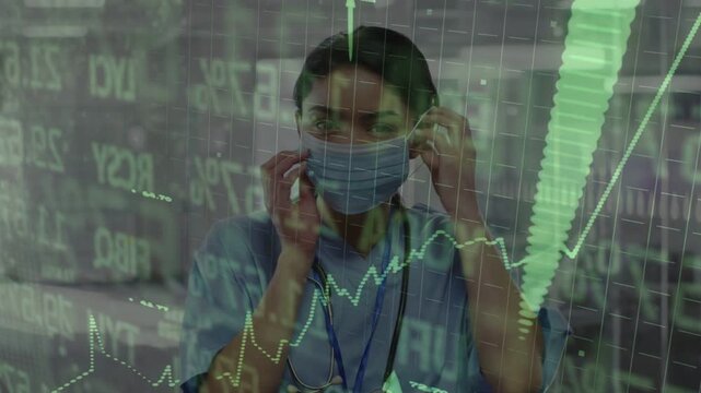Unmasked clinician putting on mask after pause for safety, green graphs overlaying stethoscope