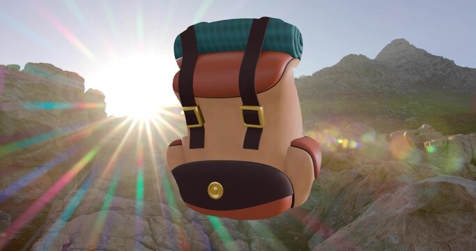Floating cartoon hiking pack above rocky valley at sunset showing straps brass buckles and pocket