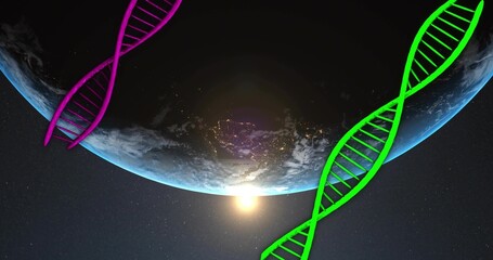 Fototapeta premium Showing Earth curving in orbital view, sunrise at horizon with green and magenta DNA helices
