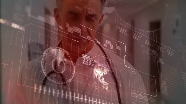 Doctor tapping tablet and updating animated medical charts and globe while reviewing clinical data
