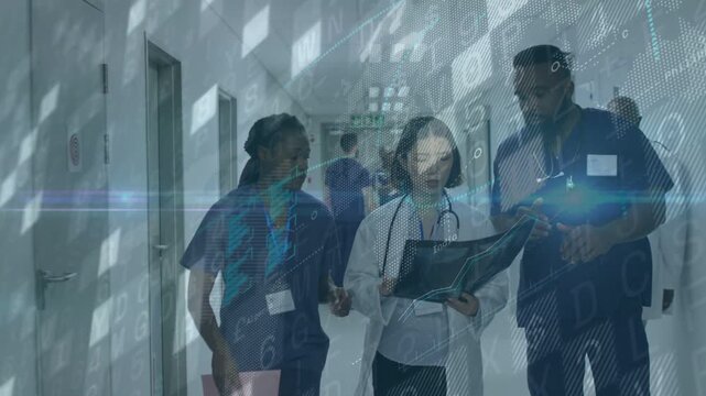Vertical video: Reading doc in lab coat leading scrub team in hospital on rounds, tablet overlay