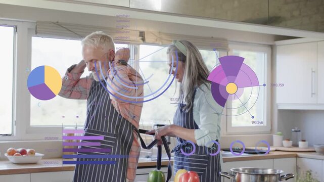 Vertical video: Man pulling strap, woman tying straps cooking as pie charts overlaying and growing