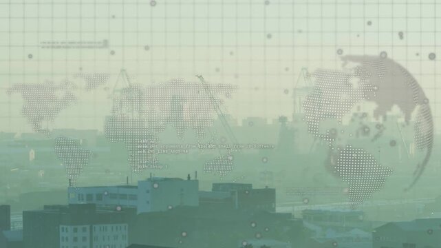 Live data feed driving dot map clarifying sending nodes rotating globe over hazy skyline for tech
