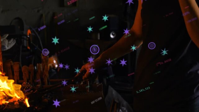 From forge flame, smith shaping metal with tongs and on phone while purple graphics crossing arm