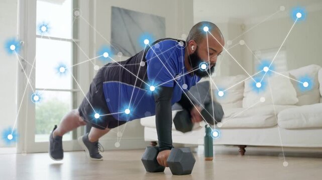 Man holding plank and starting dumbbell rows, blue node net appearing and tracking fitness metrics