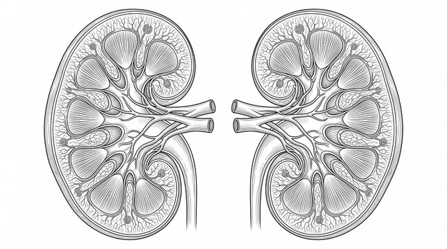 Detailed illustration of human kidneys showing internal structures and ureters