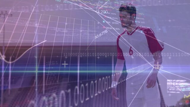 Athlete entering frame and pausing, sports graphs sweeping over him while tying cleats for match