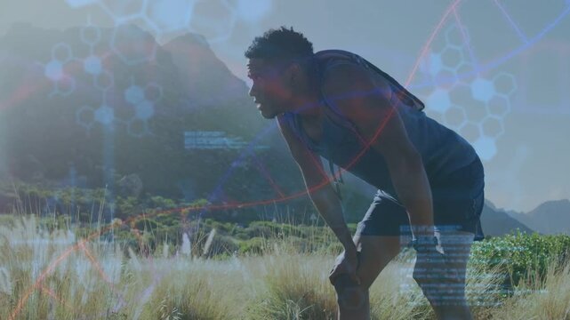 Male runner pausing hill glancing wrist device and activating DNA overlays across torso for fitness